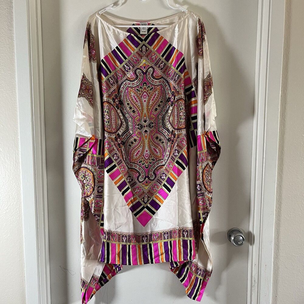 Vintage Cache 100% Silk Kaftan Dress Sz S Colorful NO BELT Boho - Picture 1 of 9
